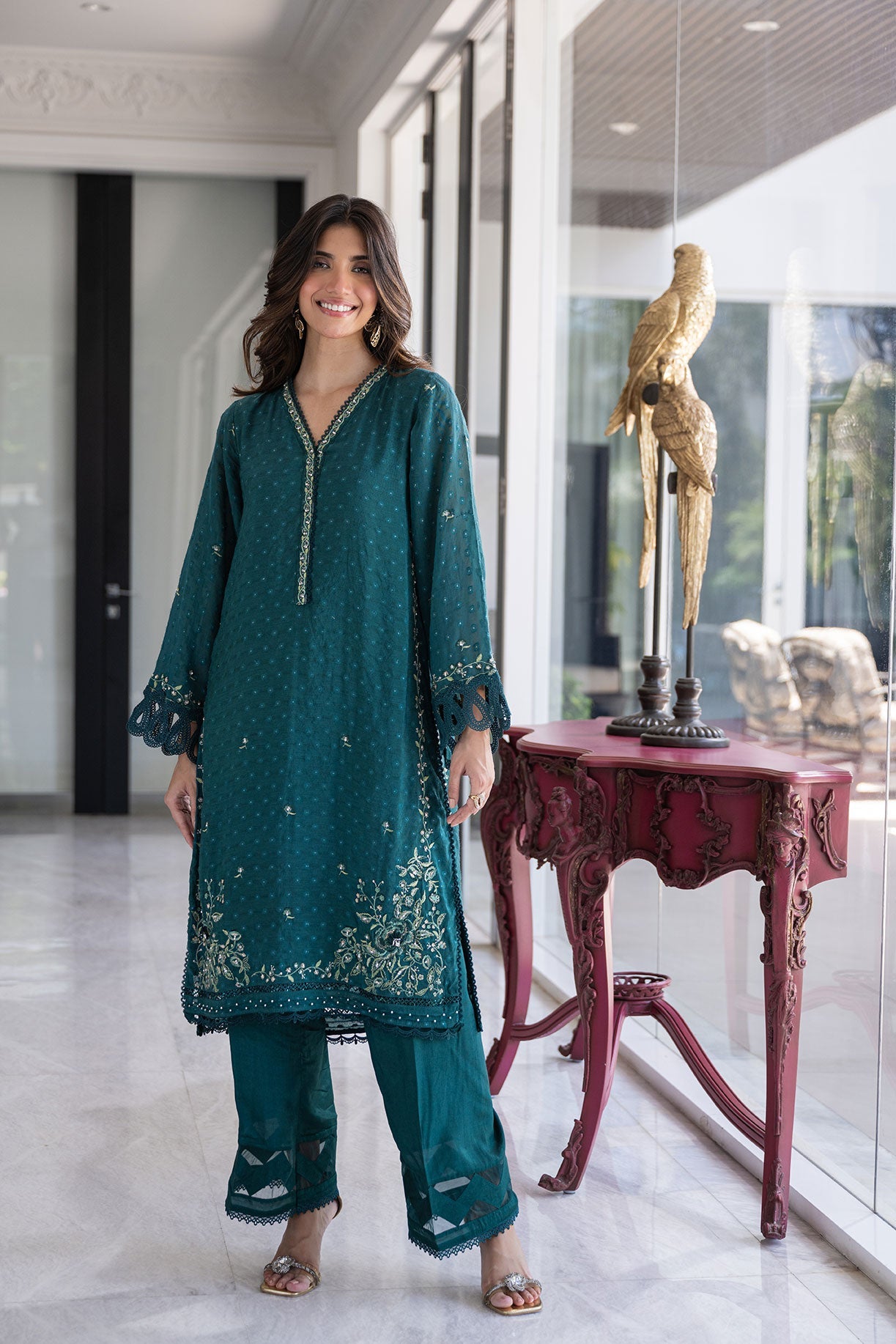 SS24DA-2404 GREEN 2PCS EMBROIDERED KURTA WITH TROUSER