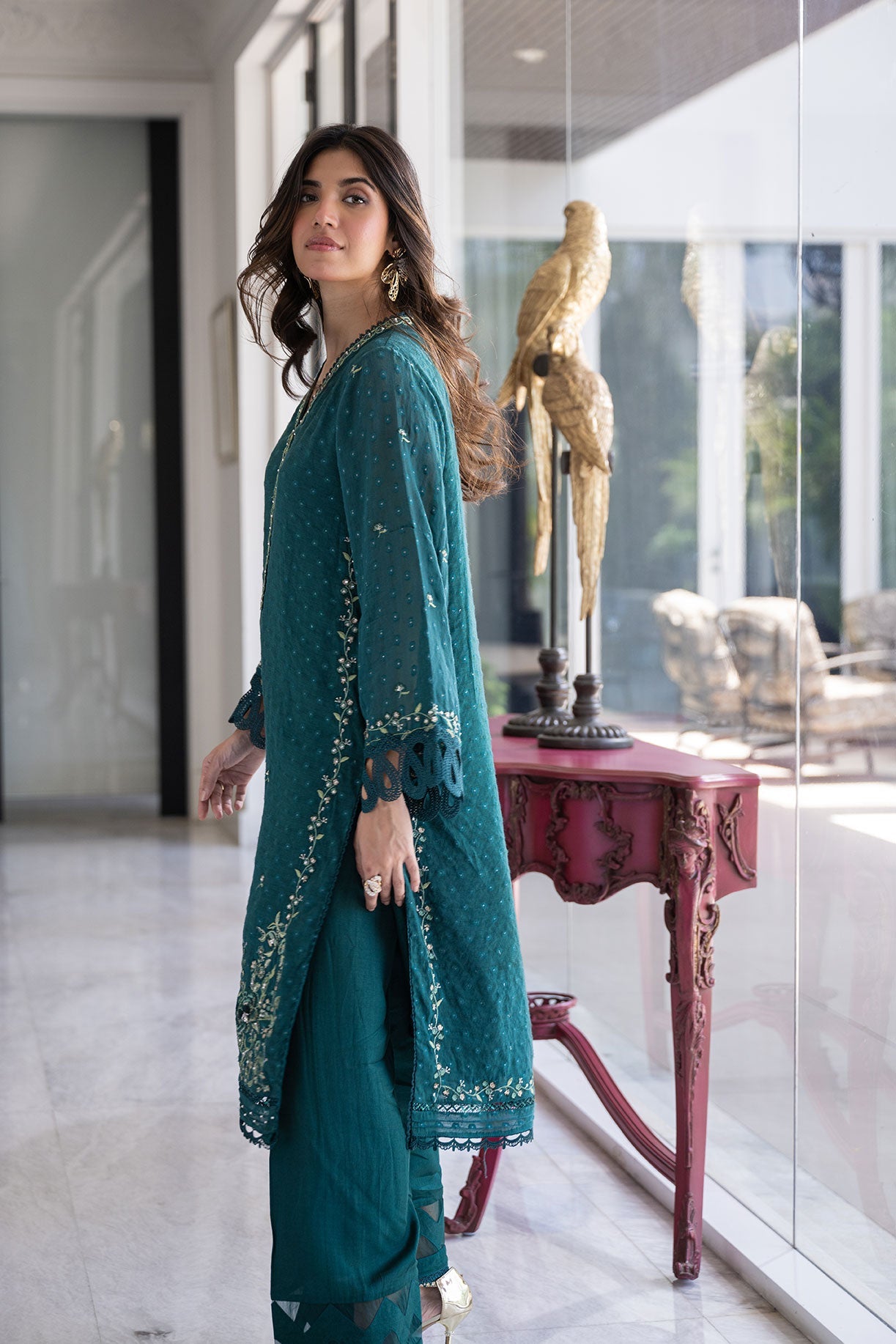 SS24DA-2404 GREEN 2PCS EMBROIDERED KURTA WITH TROUSER