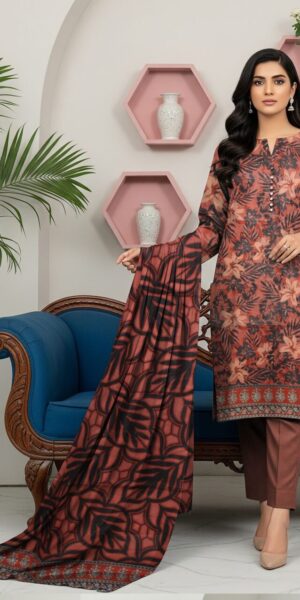 blue berry rust brown floral printed 3 piece lawn suit with dupatta – elegant women’s casual & semi formal wear