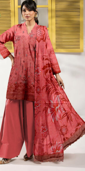 ht brand coral pink floral printed lawn suit with lace dupatta – elegant 3 piece women’s summer wear