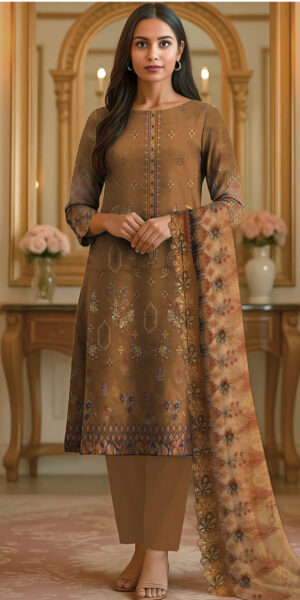 ht brand brown printed lawn suit for women – elegant 3 piece ethnic dress with dupatta & trouser