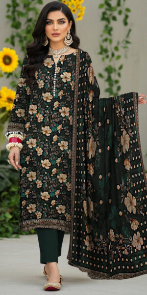 elegant black floral printed lawn 3 piece suit with dupatta & trouser – festive collection by blue berry