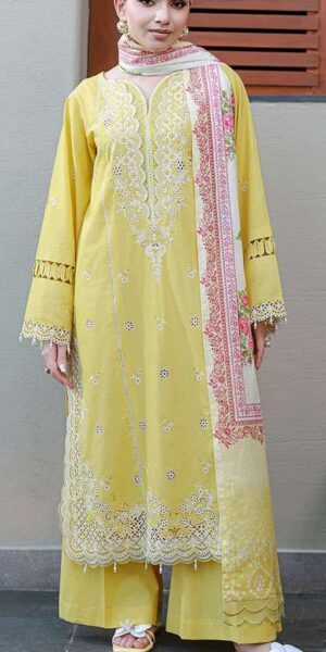 Home zellbury mustard yellow embroidered cotton lawn 3 piece suit with digital printed dentine lawn dupatta & dyed trouser