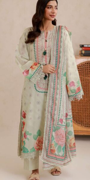 zellbury beige floral digital printed lawn 3 piece suit – printed shirt, dupatta & dyed cambric trouser