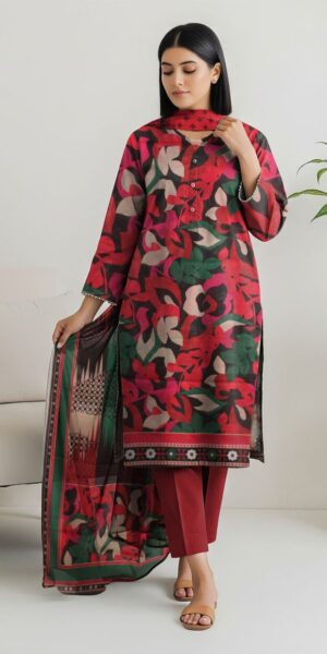 blue berry red & green abstract floral printed 3 piece lawn suit with dupatta – stylish women’s casual wear