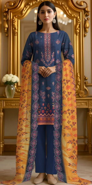 ht brand navy blue printed lawn suit for women – 3 piece elegant outfit with mustard dupatta | summer collection