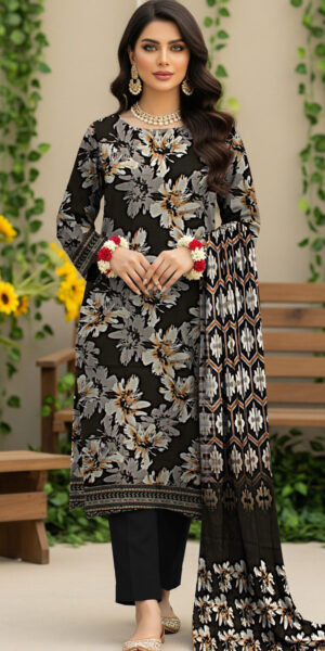 blue berry black floral printed lawn 3 piece suit with dupatta & trouser – elegant women’s summer wear