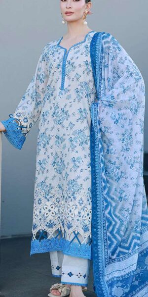 zellbury sky blue floral digital printed embroidered cotton lawn 3 piece suit with monar dupatta & dyed trouser