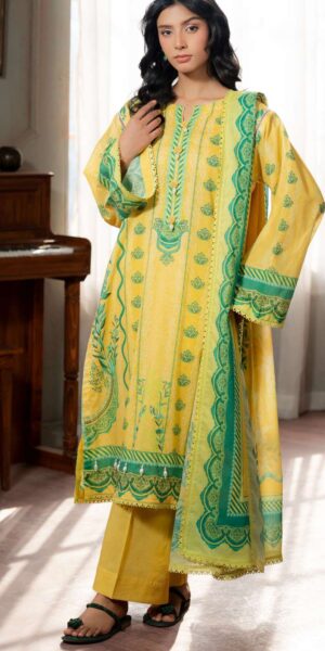 zellbury yellow & green printed lawn 3 piece suit with dupatta & cambric trouser