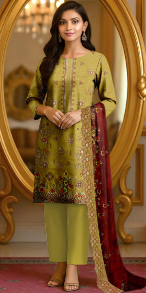 ht brand olive green printed lawn suit for women – 3 piece elegant floral outfit with maroon dupatta | summer collection