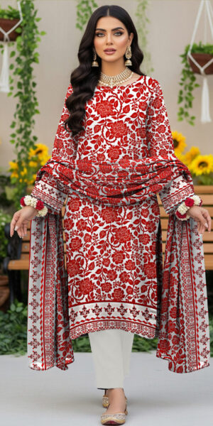 blue berry red & white floral printed lawn 3 piece suit with dupatta & trouser – elegant summer collection