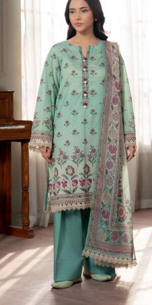 zellbury mint green digital printed lawn 3 piece suit with floral dupatta & dyed cambric trouser – stylish summer collection