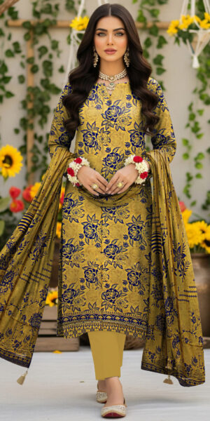 blue berry mustard yellow & navy floral printed 3 piece lawn suit with dupatta – elegant women’s summer wear