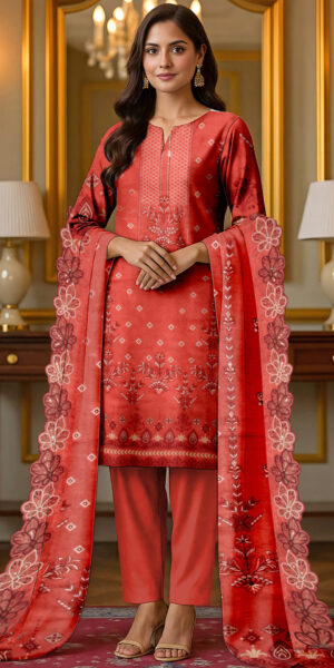 zellbury red floral embroidered 3 piece lawn suit for women with printed dupatta & trouser