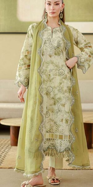 zellbury olive green digital printed embroidered cotton lawn 3 piece suit with bamber chiffon dupatta & dyed trouser