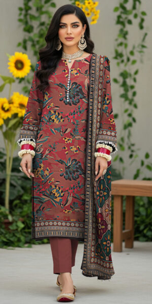 blue berry rust floral printed lawn 3 piece suit with dupatta & trouser – stylish summer collection for women
