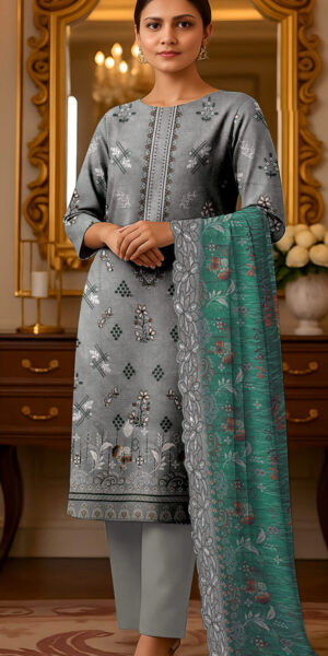 ht brand grey printed lawn suit for women – 3 piece elegant outfit with teal green dupatta | summer collection