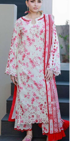zellbury off white floral digital printed embroidered cotton lawn 3 piece suit with zari chiffon dupatta & printed trouser