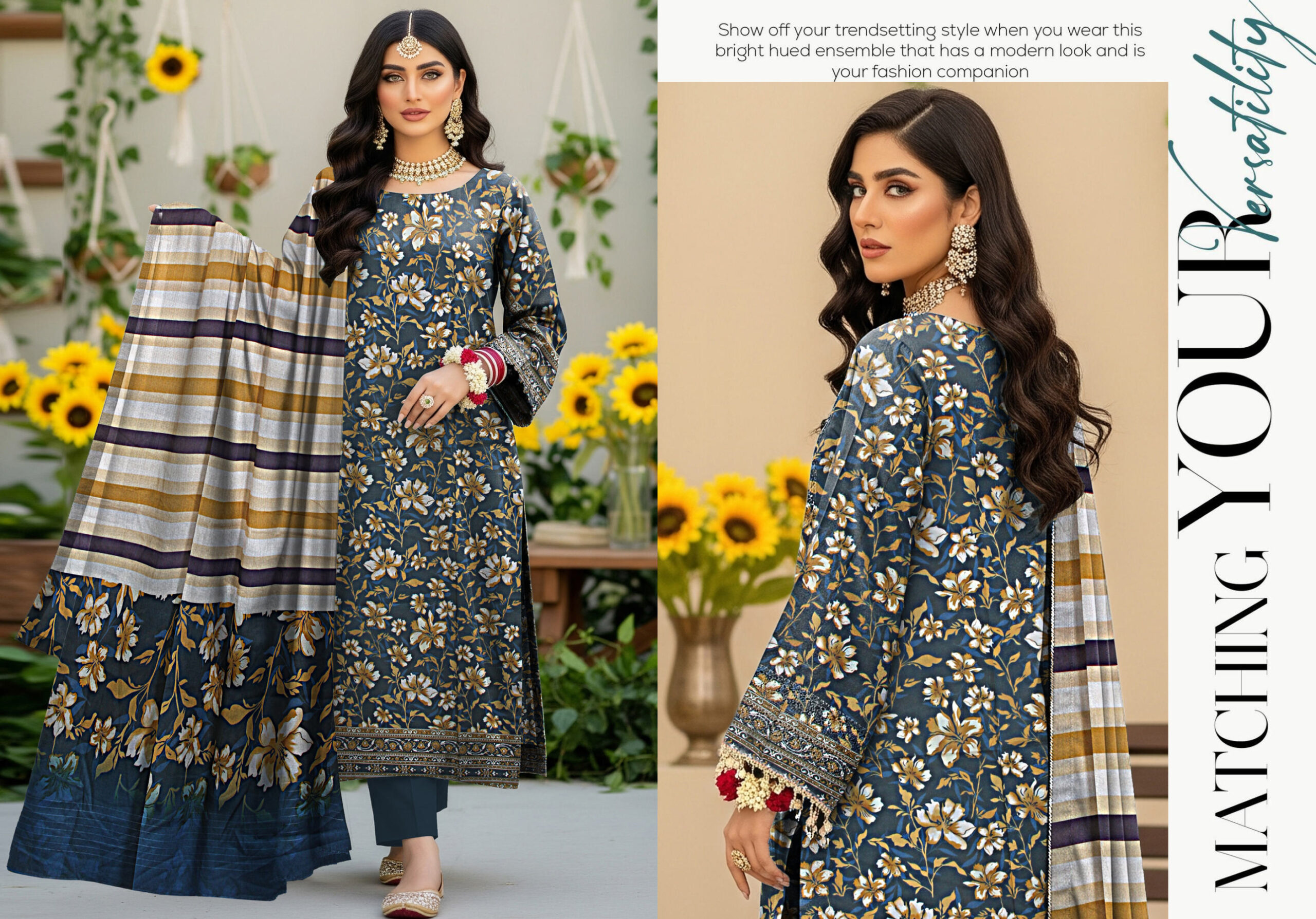 blue berry navy blue floral printed 3 piece lawn suit with striped dupatta – stylish women’s summer wear blue berry navy blue floral printed 3 piece lawn suit with striped dupatta – stylish women’s summer wear