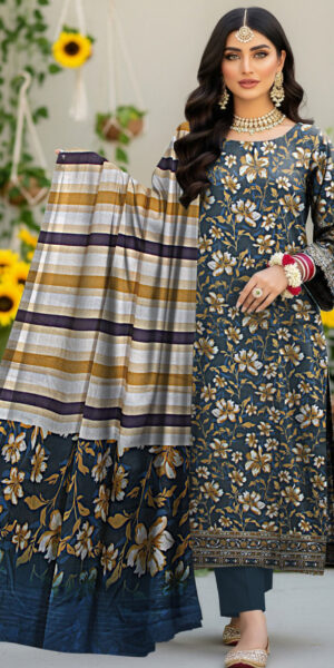 blue berry navy blue floral printed 3 piece lawn suit with striped dupatta – stylish women’s summer wear