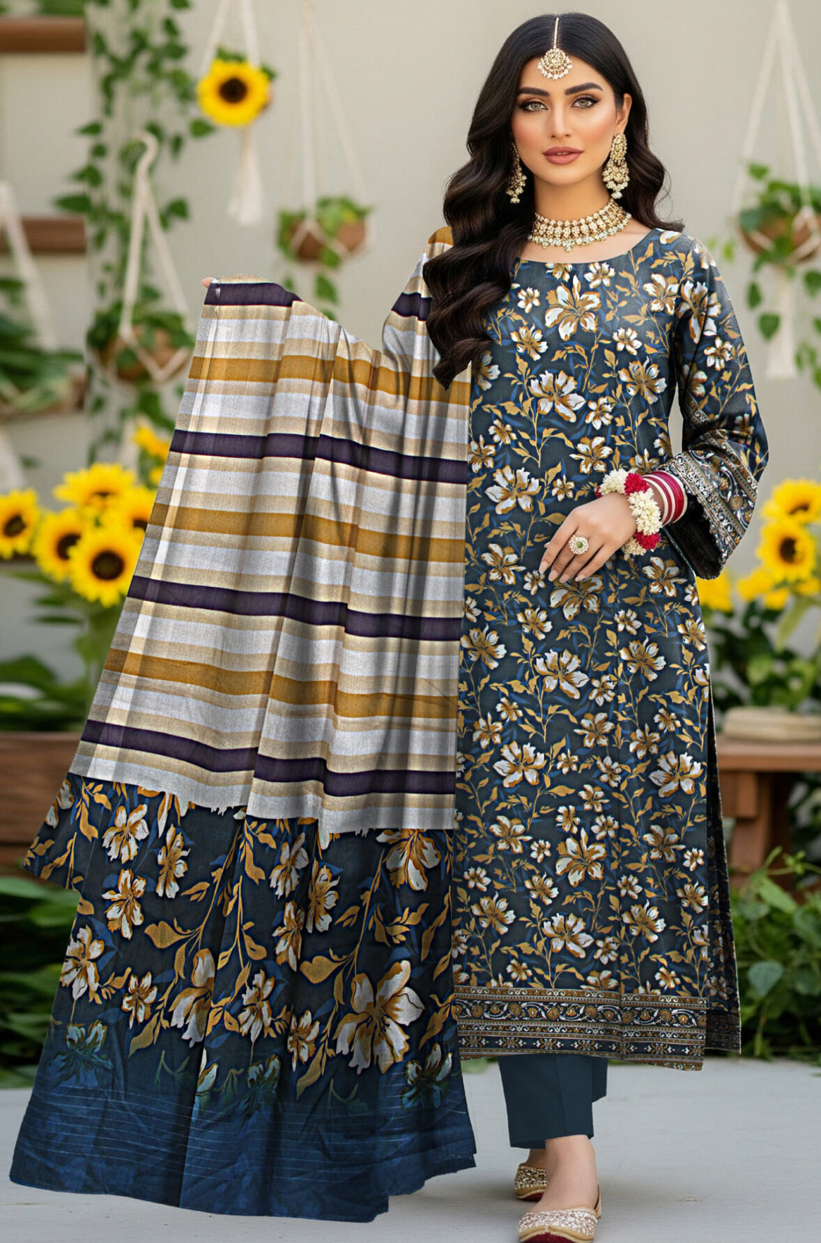 blue berry navy blue floral printed 3 piece lawn suit with striped dupatta – stylish women’s summer wear blue berry navy blue floral printed 3 piece lawn suit with striped dupatta – stylish women’s summer wear