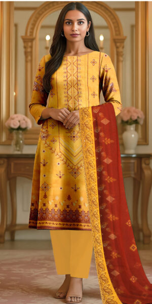 ht brand mustard yellow printed lawn suit for women – 3 piece elegant summer outfit with contrast rust dupatta