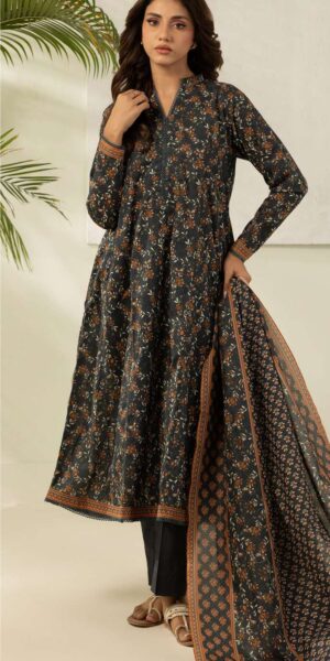 zellbury black floral digital printed lawn suit with matching dupatta & dyed cambric trouser