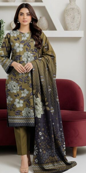 blue berry olive green floral printed 3 piece lawn suit for women with dupatta – elegant summer collection
