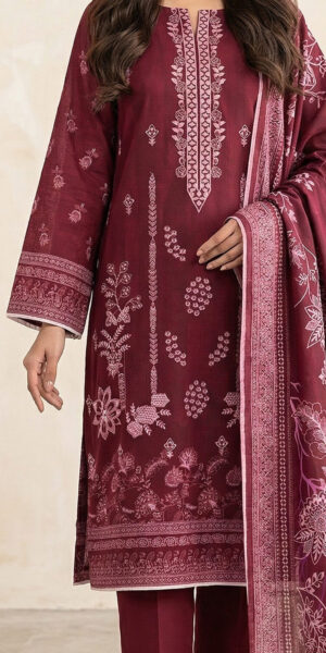 ht brand maroon printed lawn suit for women – elegant 3 piece ethnic dress with dupatta & trouser