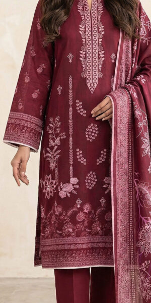 ht brand maroon printed lawn suit for women – elegant 3 piece ethnic dress with dupatta & trouser