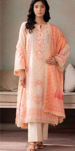 zellbury peach beige digital printed lawn 3 piece suit with dupatta & cambric trouser