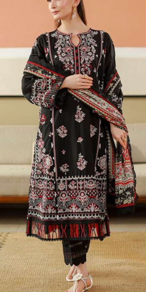 zellbury black embroidered cotton lawn 3 piece suit with digital printed dentine lawn dupatta & dyed trouser