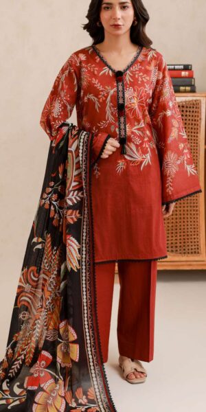 zellbury rust red floral digital printed lawn 3 piece suit with contrast dupatta & cambric trouser