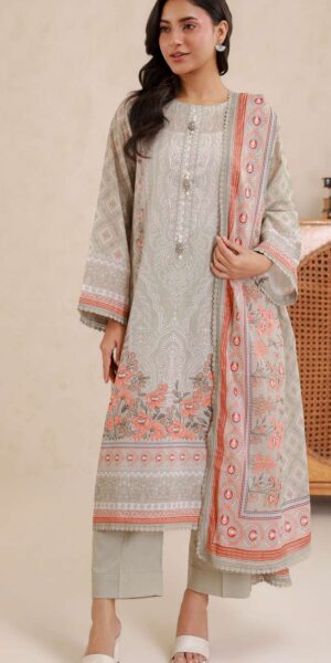 zellbury beige digital printed lawn 3 piece suit with floral dupatta & dyed cambric trouser – elegant summer outfit
