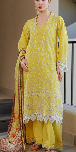 Home zellbury bright yellow embroidered cotton lawn 3 piece suit with digital printed zari chiffon dupatta & dyed trouser