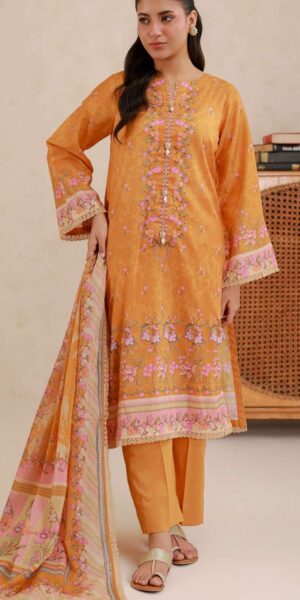 zellbury mustard orange floral digital printed lawn 3 piece suit with dupatta & cambric trouser
