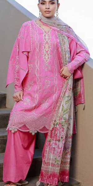 zellbury hot pink embroidered cotton lawn 3 piece suit with digital printed tussar silk dupatta & dyed trouser