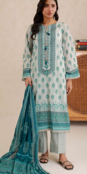 zellbury mint green & teal printed lawn 3 piece suit with dupatta & cambric trouser