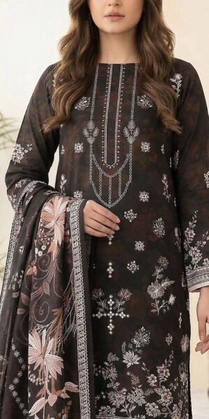 ht brand black floral printed lawn suit with elegant dupatta – stylish 3 piece women’s wear