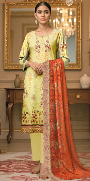 ht brand light green printed lawn suit for women – elegant 3 piece dress with contrast dupatta & trouser