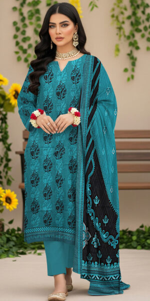 blue berry teal & black traditional printed 3 piece lawn suit with dupatta – elegant women’s summer collection