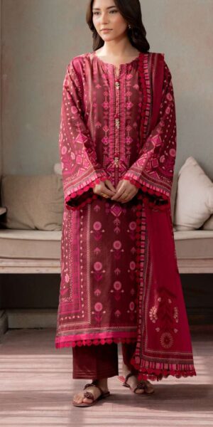 zellbury maroon digital printed lawn 3 piece suit – printed shirt, dupatta & dyed cambric trouser