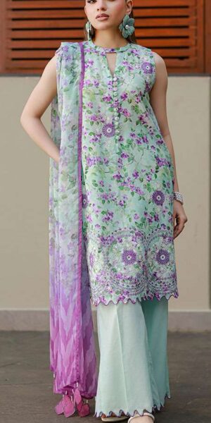 zellbury mint green floral digital printed embroidered cotton lawn 3 piece suit with bamber chiffon dupatta & dyed trouser