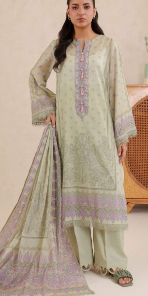 zellbury pastel green printed lawn 3 piece suit with elegant dupatta & cambric trouser