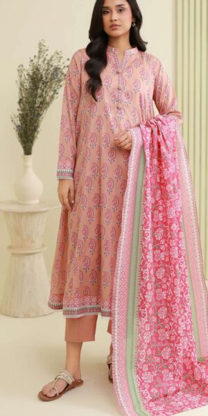 zellbury peach & pink digital printed lawn 3 piece suit with floral dupatta & dyed cambric trouser – summer casual wear
