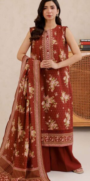 zellbury rust floral printed lawn 3 piece suit with dupatta & cambric trouser