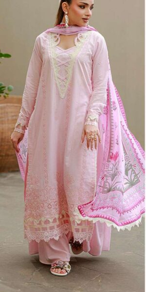 zellbury blush pink embroidered cotton lawn 3 piece suit with printed monar dupatta & dyed trouser