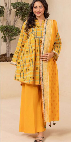 zellbury mustard yellow digital printed lawn suit with printed dupatta & dyed cambric trouser