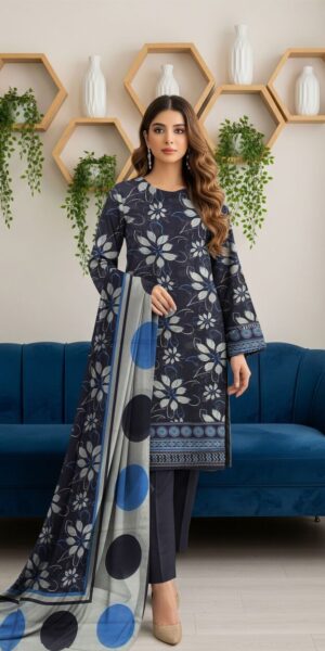 blue berry navy blue floral printed 3 piece lawn suit with polka dot dupatta – elegant women summer collectionblue berry navy blue floral printed 3 piece lawn suit with polka dot dupatta – elegant women summer collection