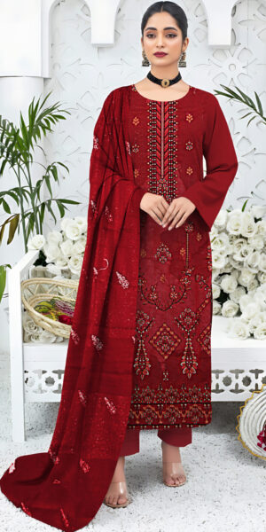 elegant red embroidered 3 piece lawn suit with dupatta – ht brand festive collection